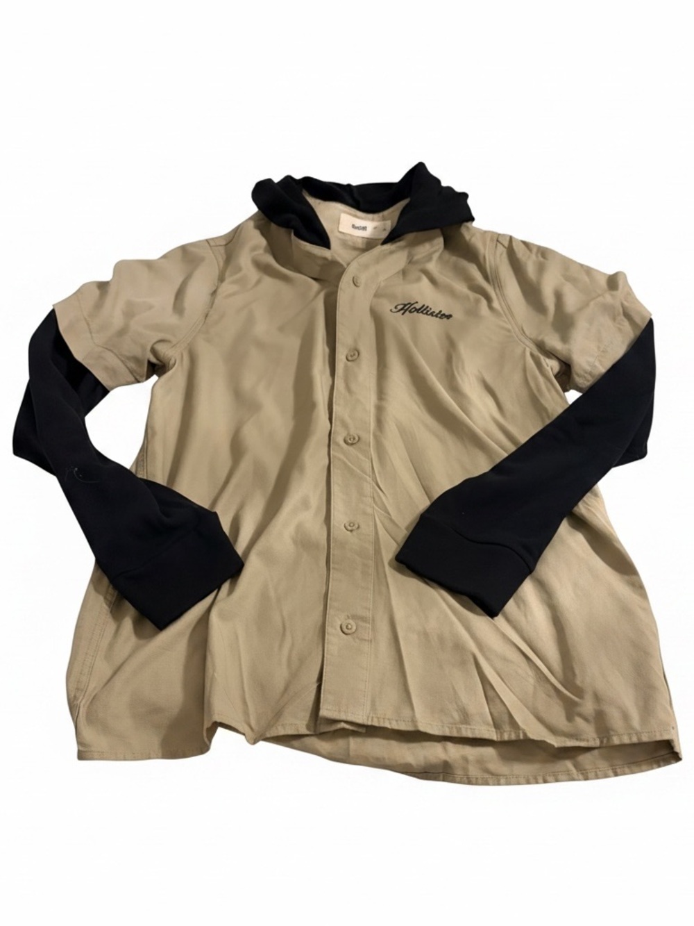 Hollister Khaki Button Shirt with Black Hooded Layer‎